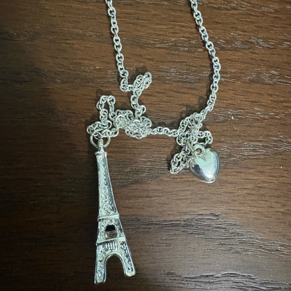 Silver Eiffel Tower and Heart Necklace and Earrings